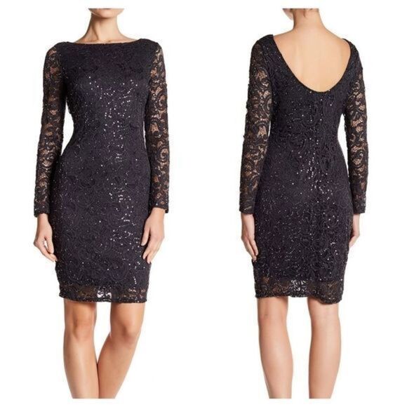 Marina‎ Dark Navy Sequin Lace Long Sleeve Sheath Dress - Picture 1 of 6